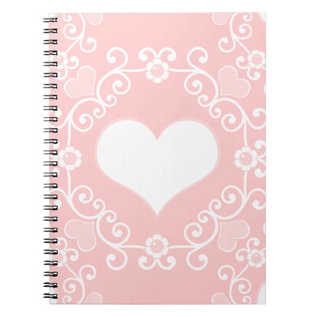 Feminine Pink White Heart Damask Pattern Notebook (Front)
