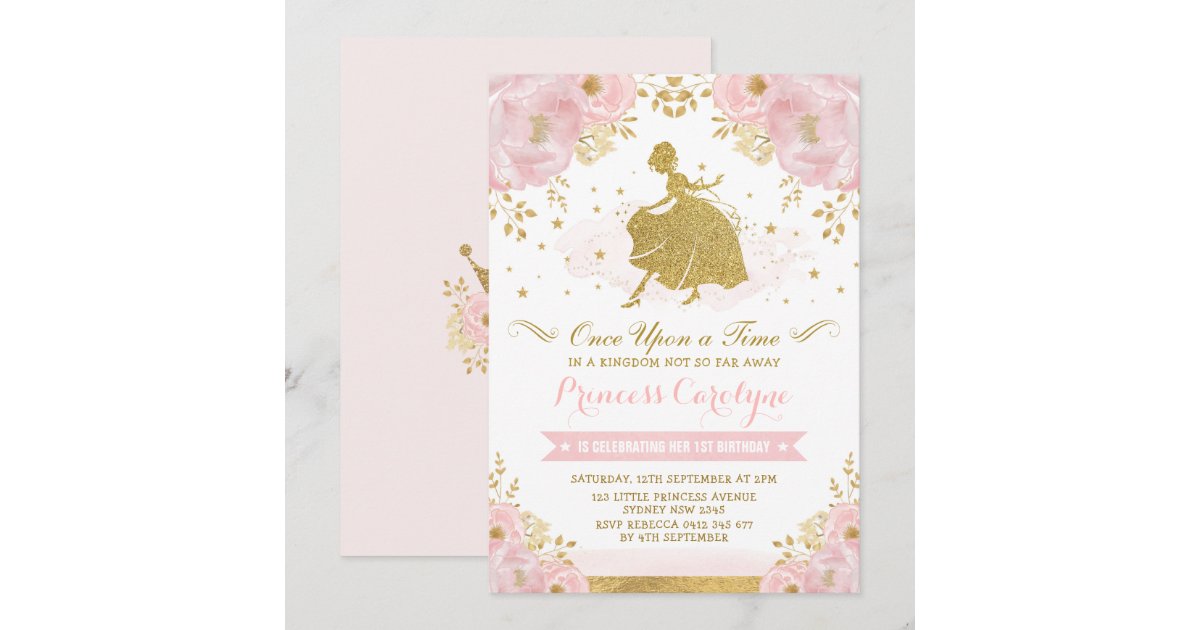 Feminine Princess Cinderella Pink Gold Birthday Invitation | Zazzle