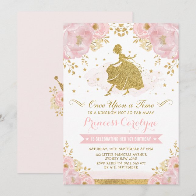 Feminine Princess Cinderella Pink Gold Birthday Invitation (Front/Back)