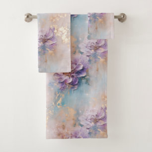 Feminine Purple Blue and Gold Floral Bath Towel Set