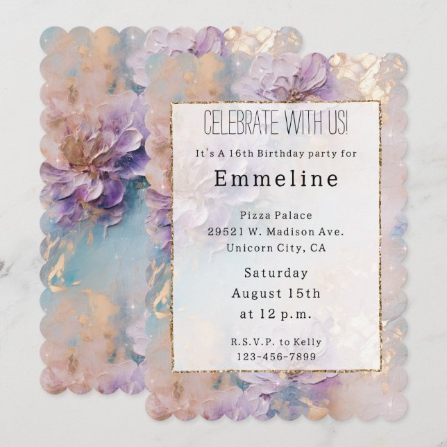 Feminine Purple Blue and Gold Floral Invitation (Front/Back)