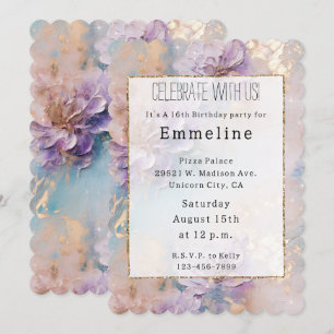 Feminine Purple Blue and Gold Floral Invitation