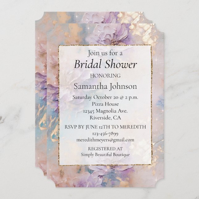 Feminine Purple Blue and Gold Floral Invitation (Front/Back)