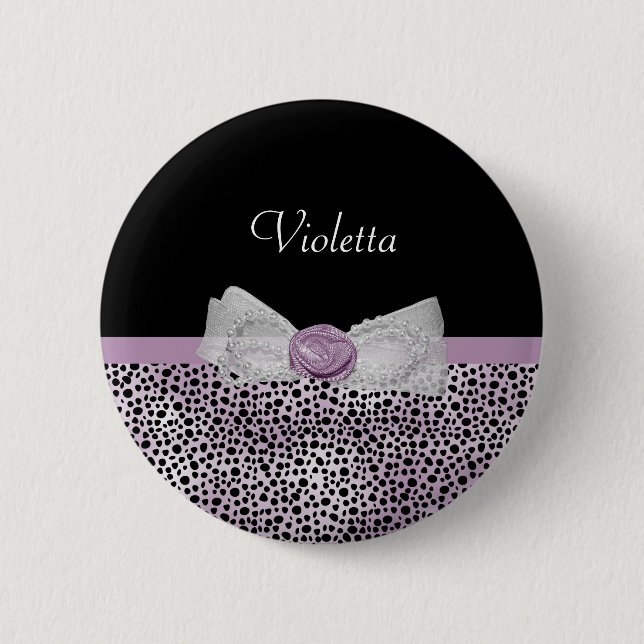 Feminine Purple Cheetah Print Girly Bow and Name 6 Cm Round Badge (Front)