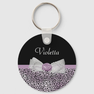 Feminine Purple Cheetah Print Girly Bow and Name Key Ring
