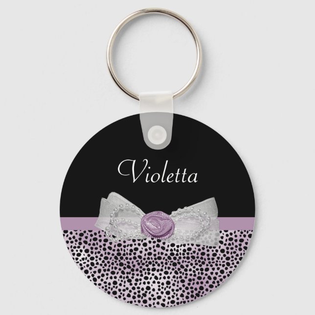 Feminine Purple Cheetah Print Girly Bow and Name Key Ring (Front)