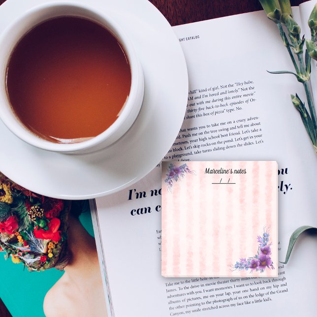 Feminine purple flower & soft pink stripes 3" x 3" post-it notes (Creator Uploaded)