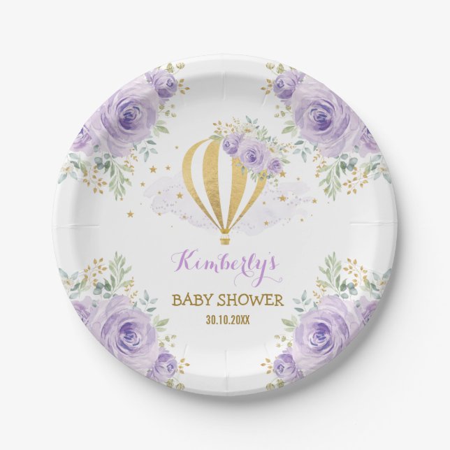 Feminine Purple Gold Hot Air Balloon Shower Party Paper Plate (Front)
