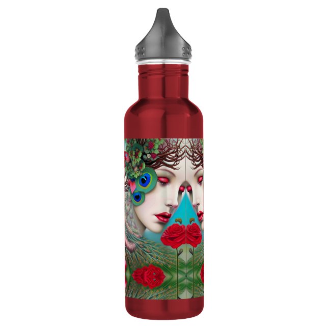 Feminine Red Lips and Roses Peacock Abstract   710 Ml Water Bottle (Left)