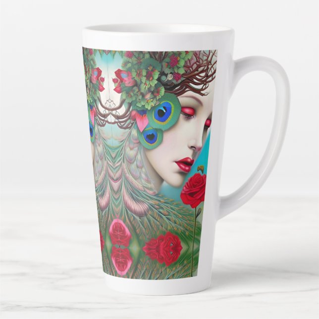 Feminine Red Lips and Roses Peacock Abstract   Latte Mug (Right)