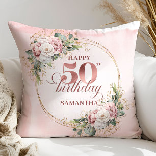 Feminine Rose Gold Blush Floral 50th Birthday Gift Cushion
