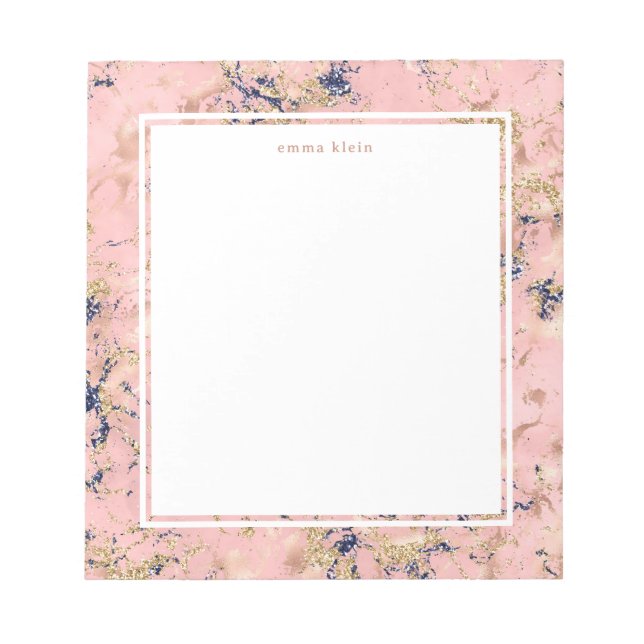 Feminine Rose Gold Blush Pink Blue Marble Name Notepad (Front)