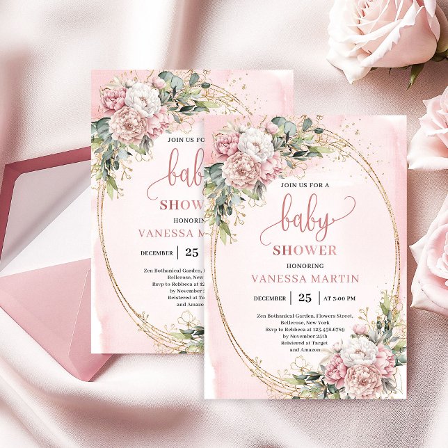 Feminine Rose Gold Floral Eucalyptus Baby Shower  Invitation (Feminine Rose Gold Floral Eucalyptus Baby Shower Girl)