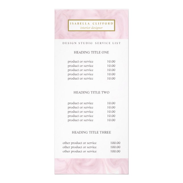 Feminine rose gold marble |  Pricing & Service Rack Card (Front)