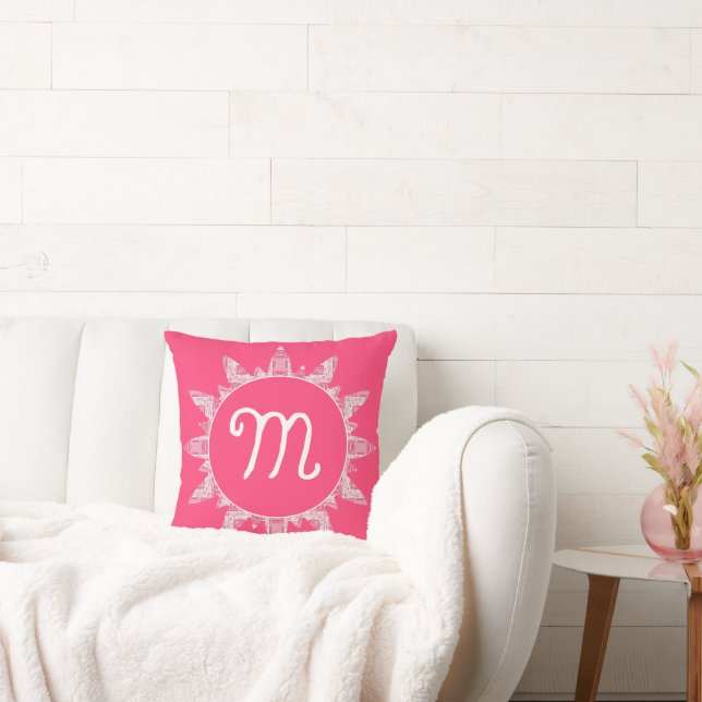 Feminine Rose Pink White Sunray Monogram  Cushion (Couch)