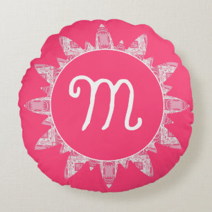 Feminine Rose Pink White Sunray Monogram  Round Cushion