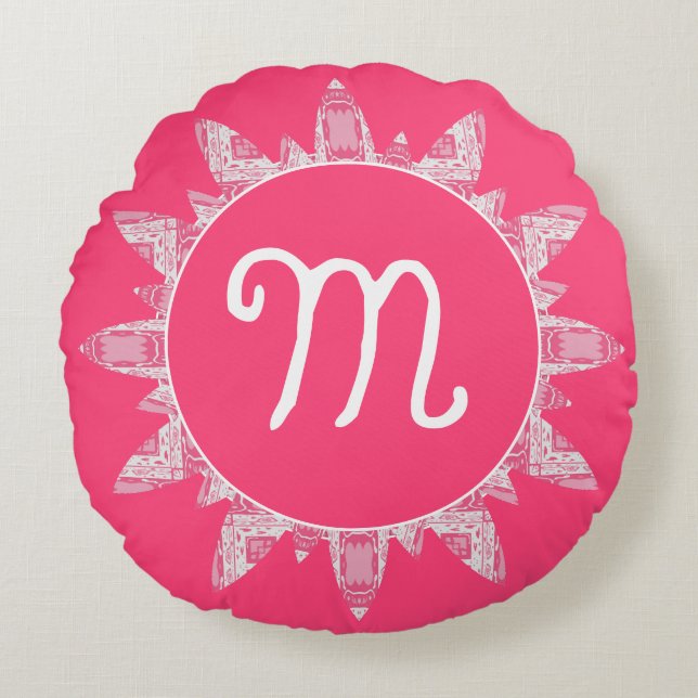 Feminine Rose Pink White Sunray Monogram  Round Cushion (Front)