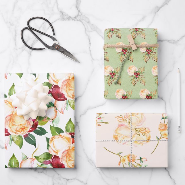Feminine Roses, Berries and Foliage Assortment of Wrapping Paper Sheet (Front)