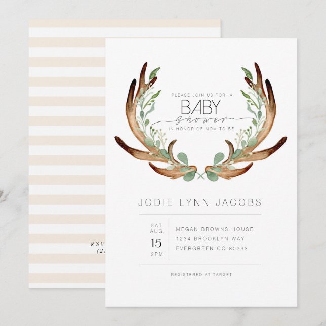 Feminine Rustic Antlers | Watercolor Baby Shower Invitation (Front/Back)