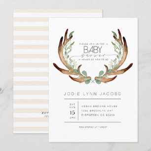 Feminine Rustic Antlers   Watercolor Baby Shower Invitation