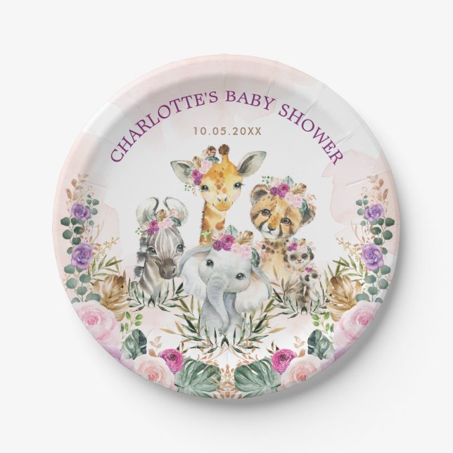 Feminine Safari Jungle Wild Animals Boho Baby Girl Paper Plate (Front)