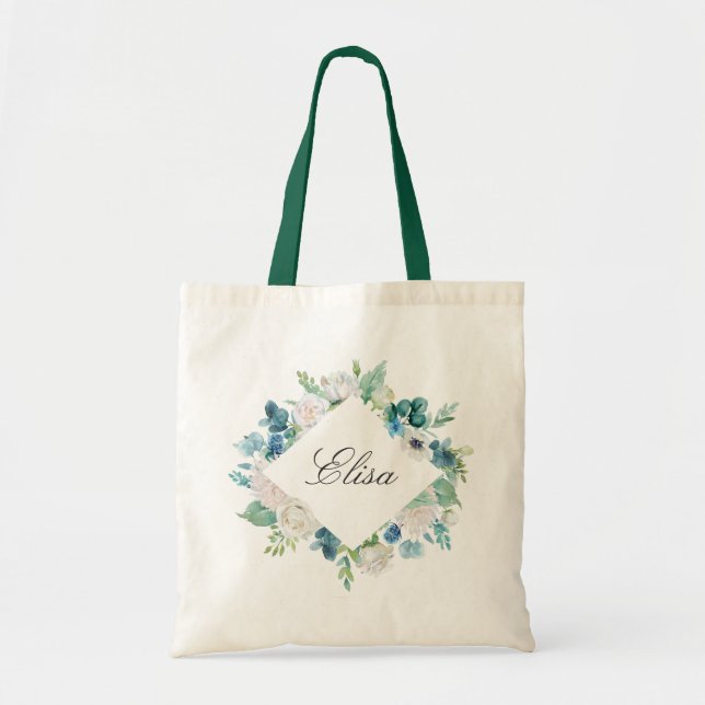Feminine Sage Green Blue White Floral Border Tote Bag (Front)