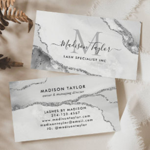 Feminine Silver Grey Glitter Marble Agate Monogram Business Card