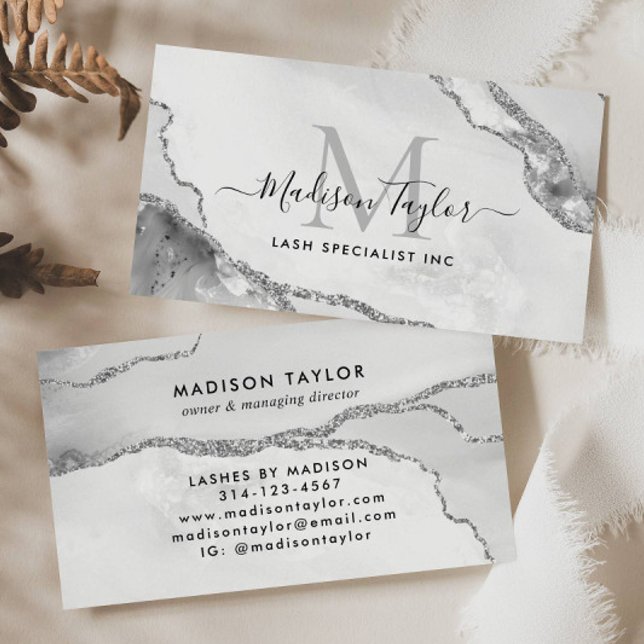 Feminine Silver Grey Glitter Marble Agate Monogram Business Card (Creator Uploaded)