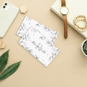 Feminine Sketch Grey Floral QR Code Business Card