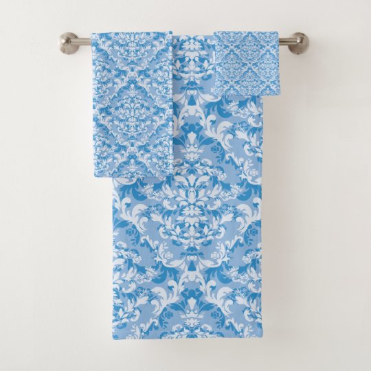 Feminine Sky Blue and White Damask Floral Bath Towel Set Zazzle.co.uk