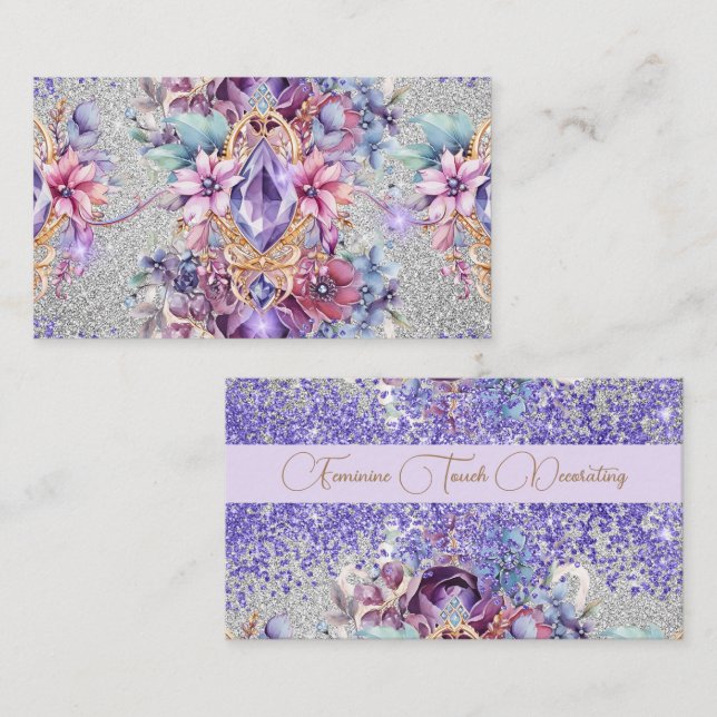 Feminine sparkle floral glitter art business card (Front/Back)