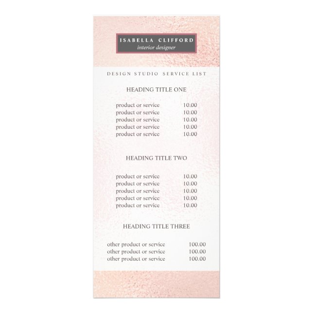 Feminine sparkling rose gold foil | service menu (Front)