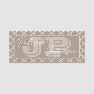 Feminine Straw Brown Quatrefoil Monogram Name Tag