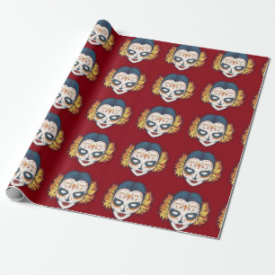 Feminine Sugar Skull on Deep Red Wrapping Paper