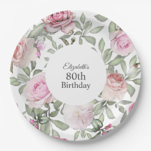 Feminine Summer Rose Garden Floral 80th Birthday Paper Plate