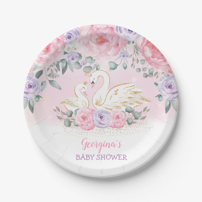 Feminine Swan Princess Floral Baby Shower Favors Paper Plate (Front)