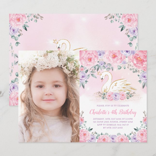 Feminine Swan Princess Pink Purple Flower Birthday Invitation (Front/Back)