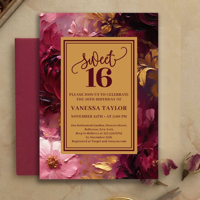 Feminine Sweet Sixteen Burgundy Floral Gold Invite (Feminine Sweet Sixteen Burgundy Floral Gold Invite)