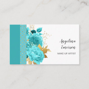 Feminine Teal Flowers Makeup Artist Hair Salon  Business Card