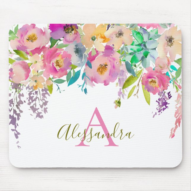 Feminine Trendy Watercolor Flowers Monogram Mouse Mat (Front)