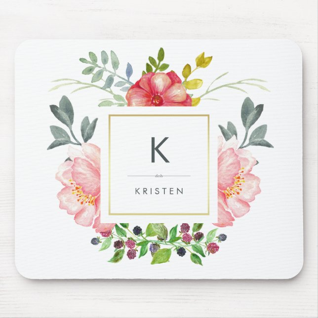 Feminine Trendy Watercolor Peony Flowers Monogram Mouse Mat (Front)