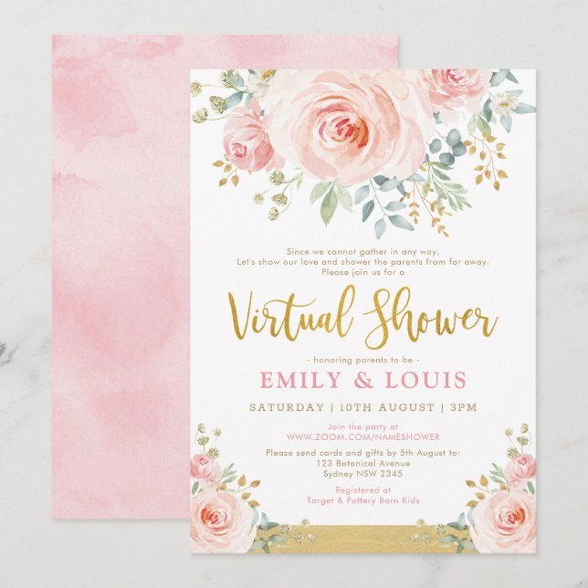 Feminine Virtual Baby Shower Blush Pink Gold Roses Invitation (Front/Back)
