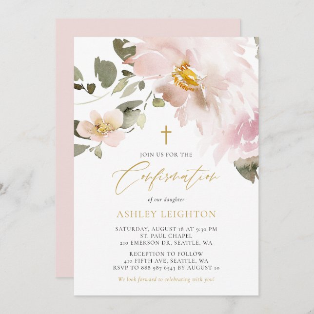 Feminine Watercolor Blush Flowers Confirmation Invitation (Front/Back)