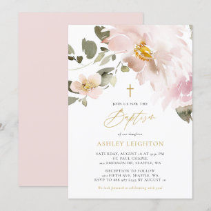 Feminine Watercolor Blush Flowers Girl Baptism Invitation