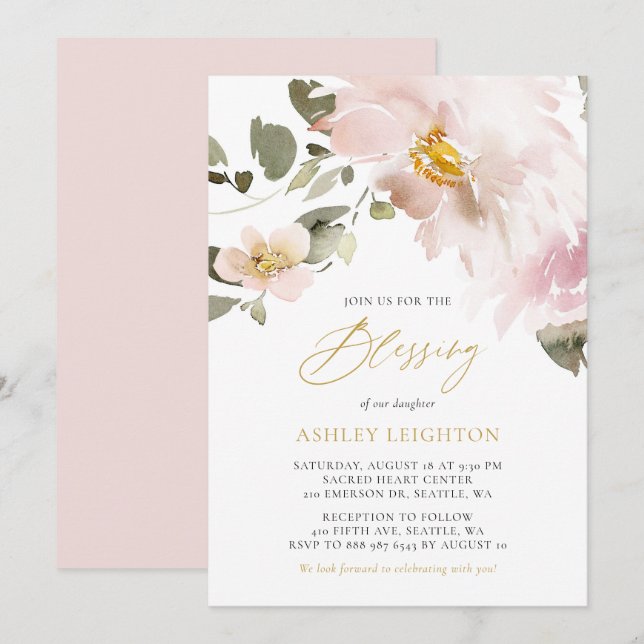 Feminine Watercolor Blush Flowers Girl Blessing Invitation (Front/Back)