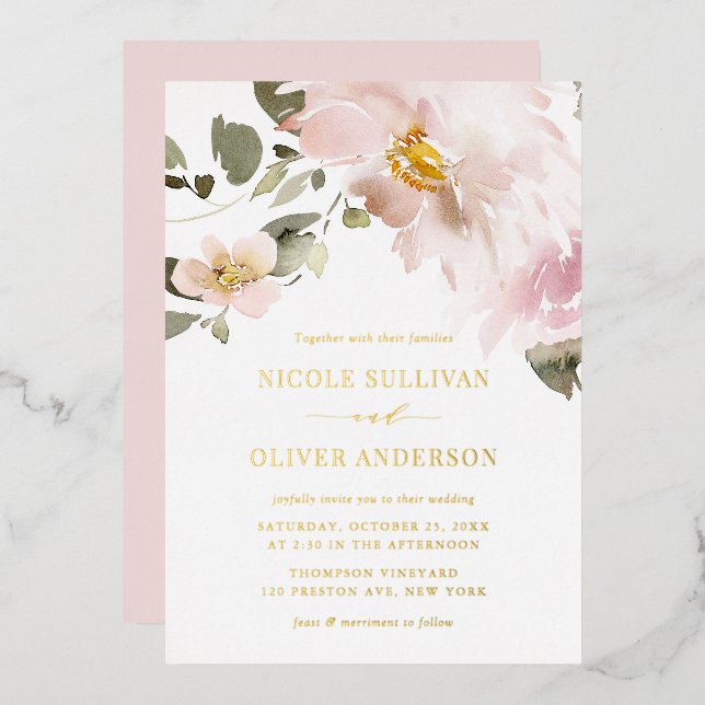 Feminine Watercolor Blush Flowers Wedding (Front/Back)