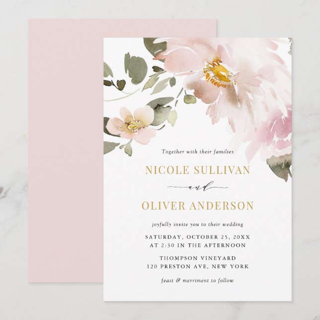 Feminine Watercolor Blush Flowers Wedding Invitation (Front/Back)