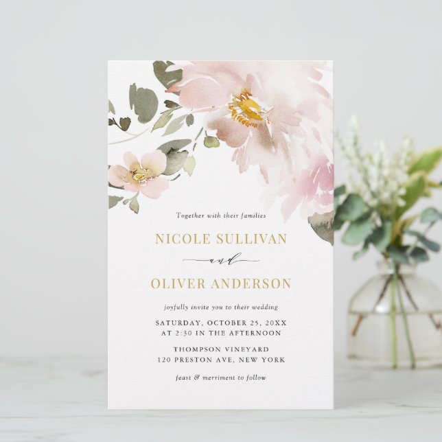 Feminine Watercolor Blush Flowers Wedding Invite (Standing Front)