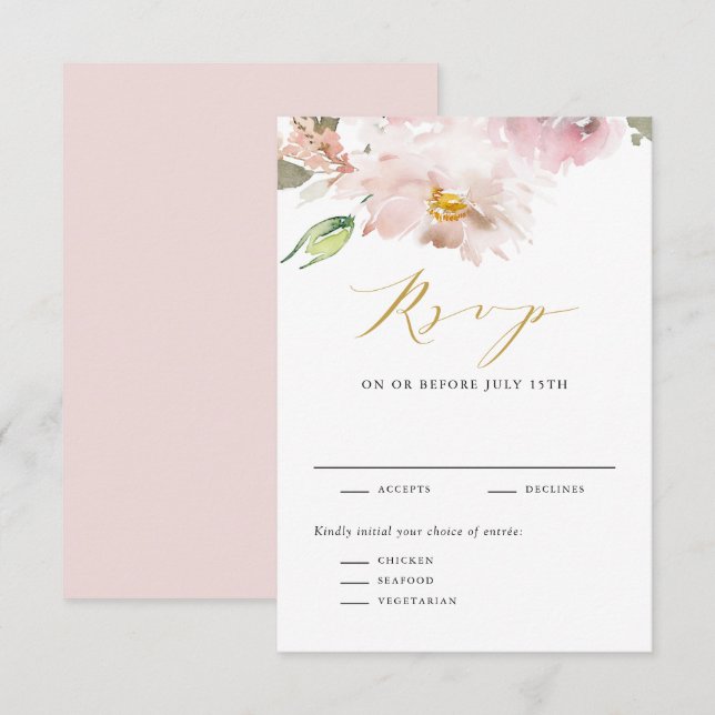 Feminine Watercolor Blush Flowers Wedding RSVP Card (Front/Back)