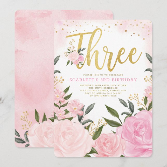 Feminine Watercolor Blush Pink Floral 3rd Birthday Invitation (Front/Back)